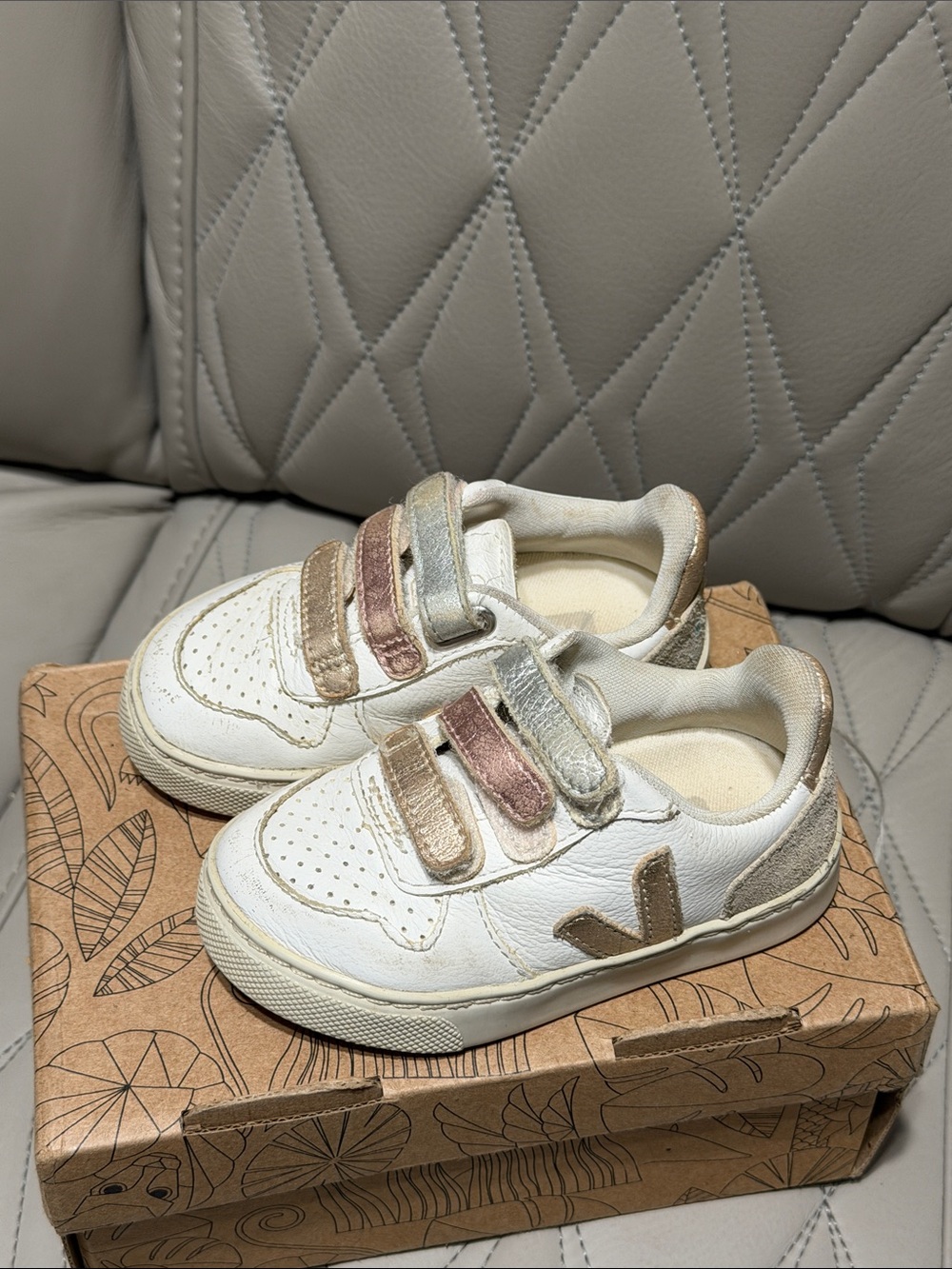 Veja Kids White Sneakers with Metallic Pink & Gold Straps